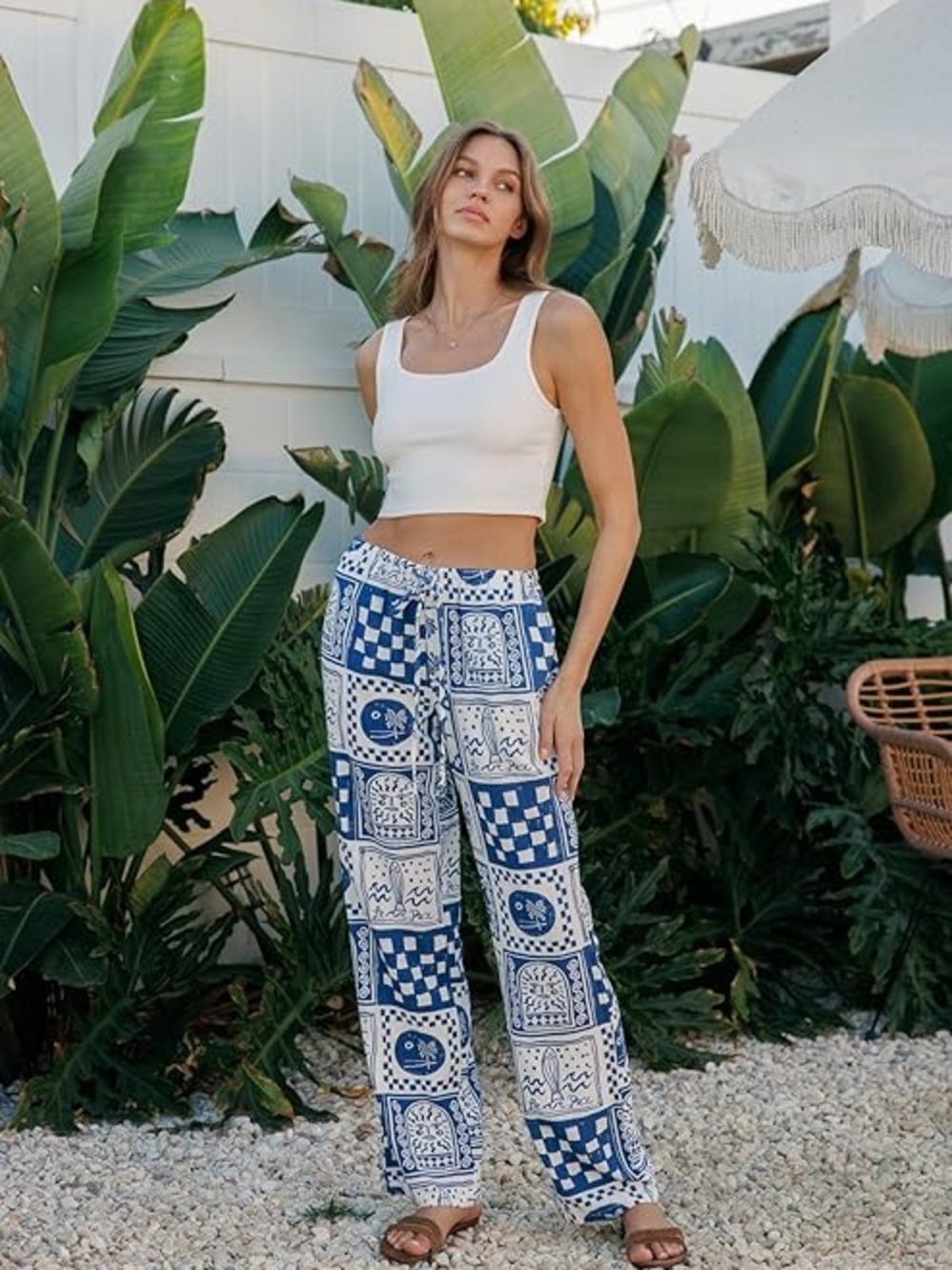 Cali1850 Women's Printed Linen Pants - 30" Inseam Drawstring
